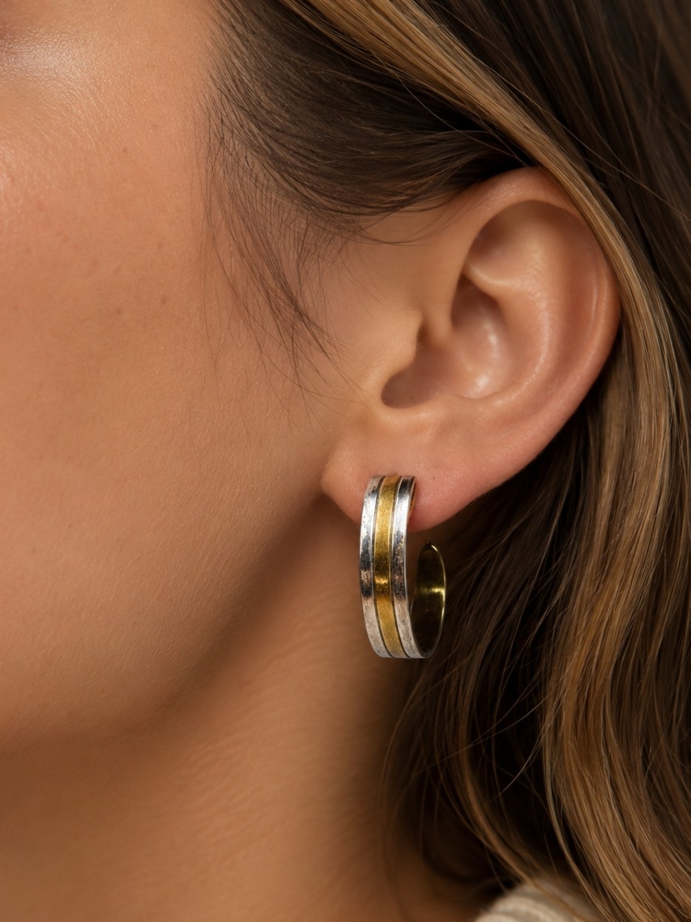Jeep Collins Sterling Silver Brass Hoop Earrings Mexico Mixed Metal Vintage